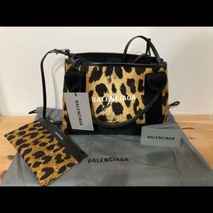 Auth Balenciaga Cabas Leopard Small Canvas Bag